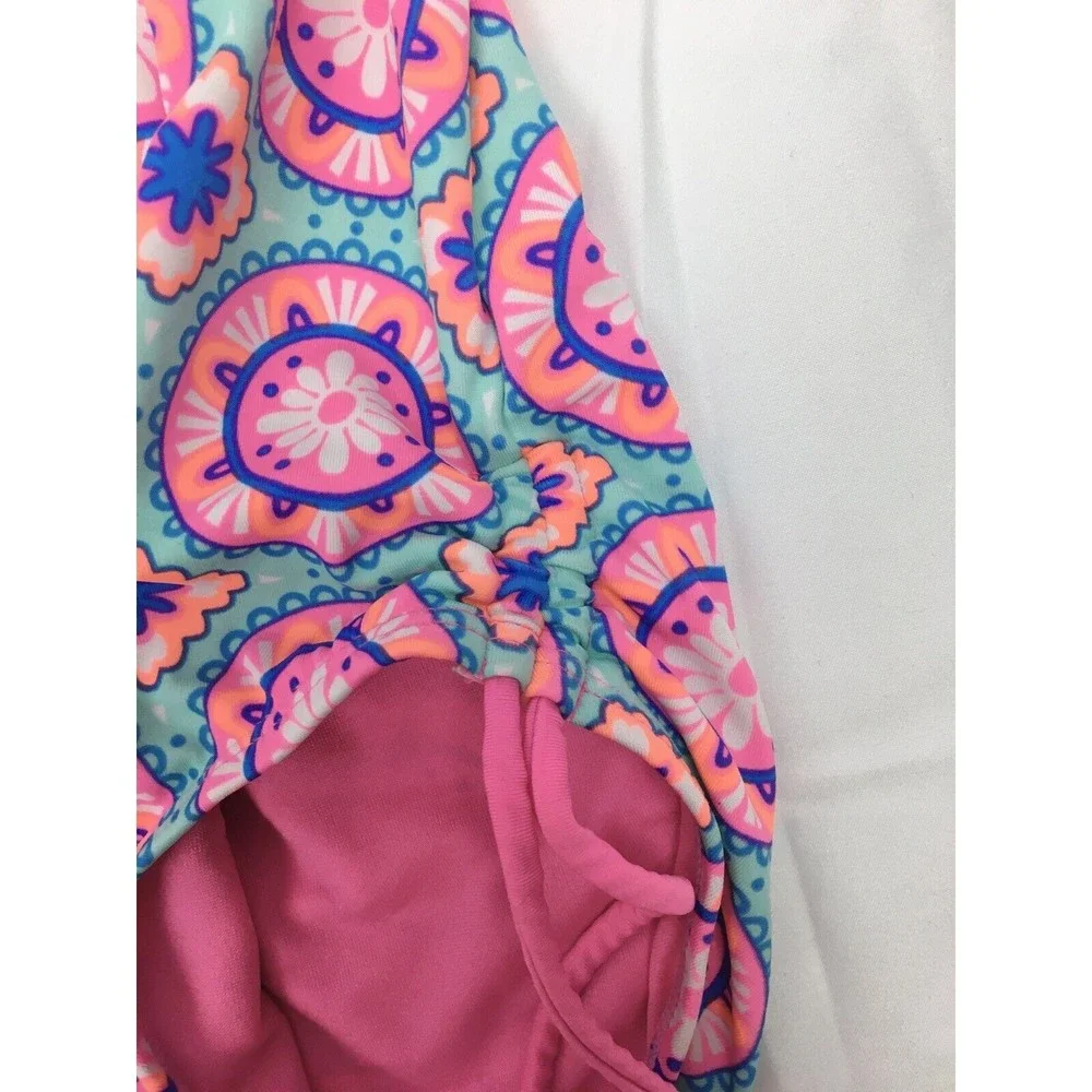 Justice Girl Size 10 Pink Blue One Piece Swimsuit Side Ties Ruffle‎